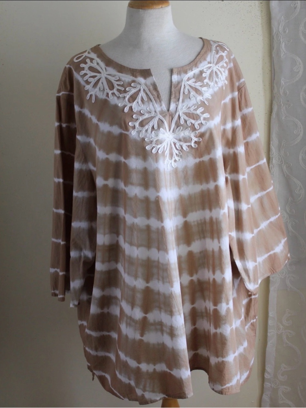 Catherines Brownish and White Tie-Dye Embroidered Peasant Blouse